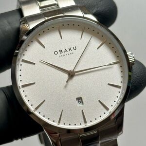 Obaku Lyng Stor V247XDCISC White Dial Date Silver-Tone Men’s 42mm Dress Watch